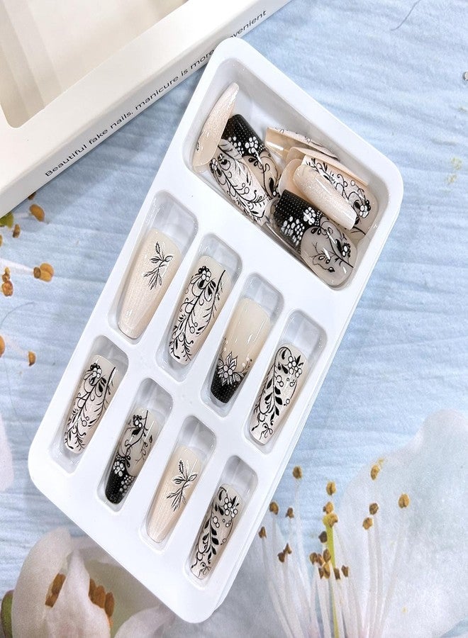 CJDLTS Press on Nails Medium Length Ballet Shaped Black Branches Pattern Design Glossy Medium Acrylic False Nail Full Cover Artificial Press Ons Stick on Nail French Glue on Nails for Women 24Pcs - Image 5